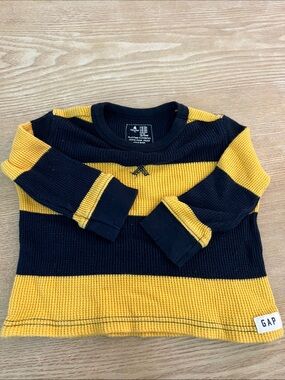GAP Baby Rugby Waffle Shirt 6-12M Yellow & Navy Striped Long Sleeve